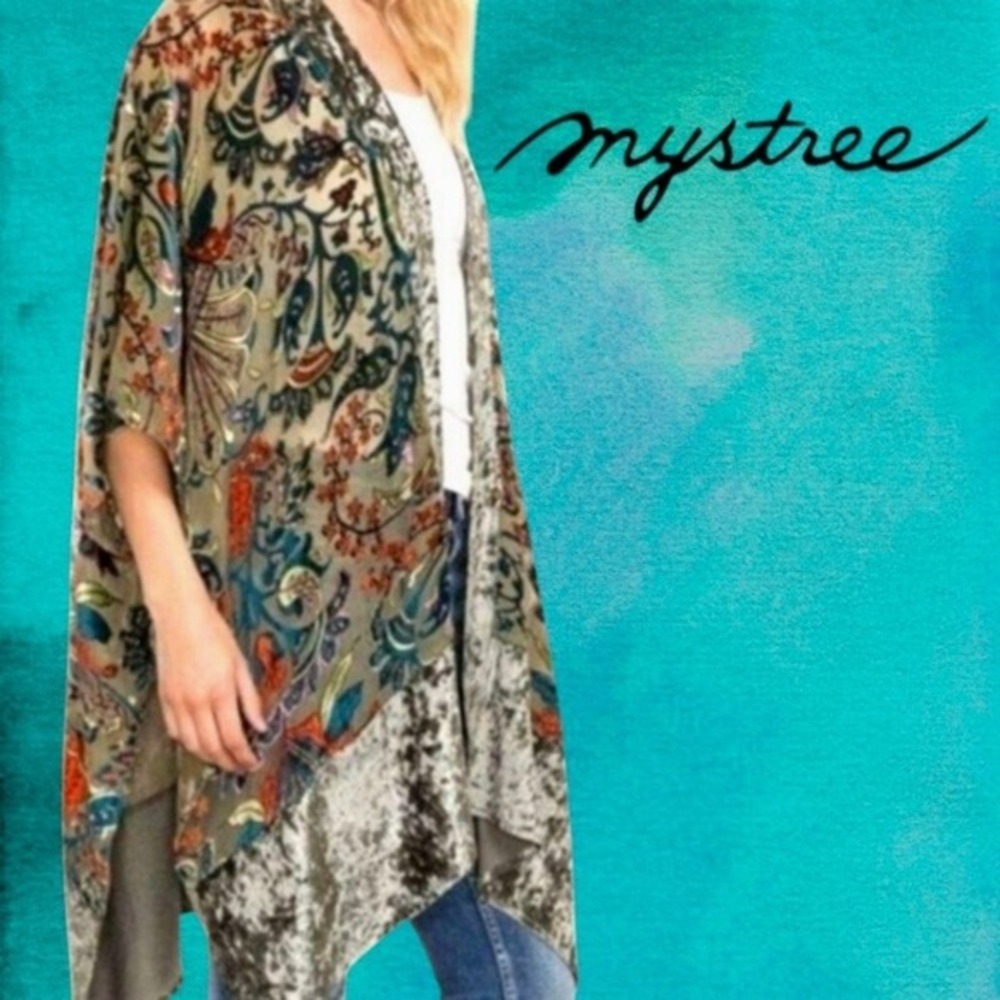 Mystree Kimono Women Paisley Floral Velvet Burnout Wrap Tan One‎ Size